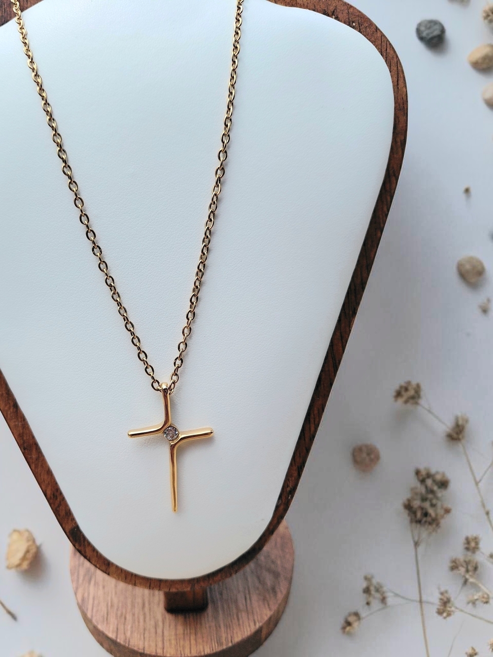 Delicate Gold Cross Necklace with Center Stone - Women Jewelry